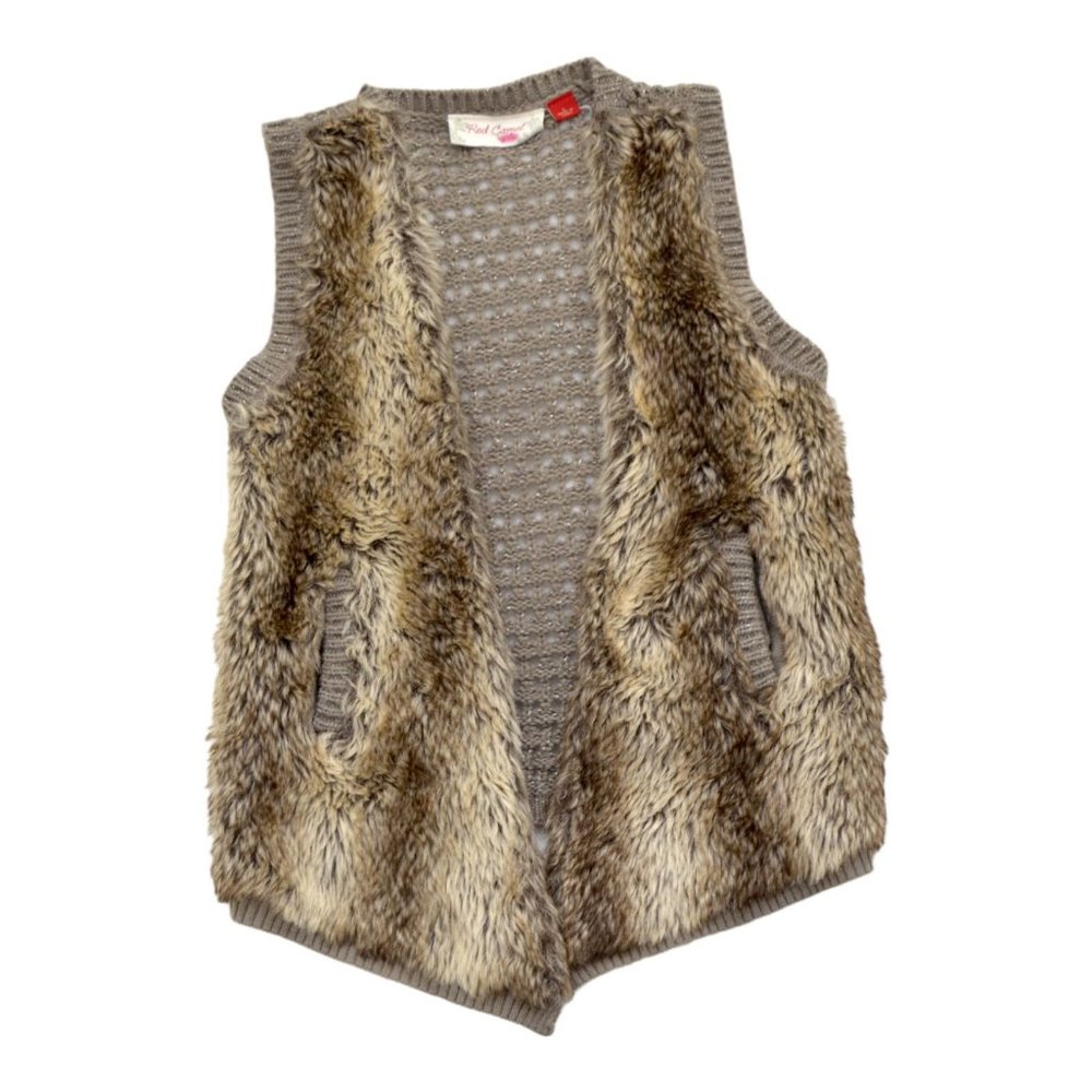 Red Camel Girls Brown Open Front Lurex Faux Fur Sweater/Vest Jacket L Brown